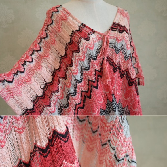 Sexy Coral Pink Knit Striped Coverup Tunic Poncho - Picture 6 of 7